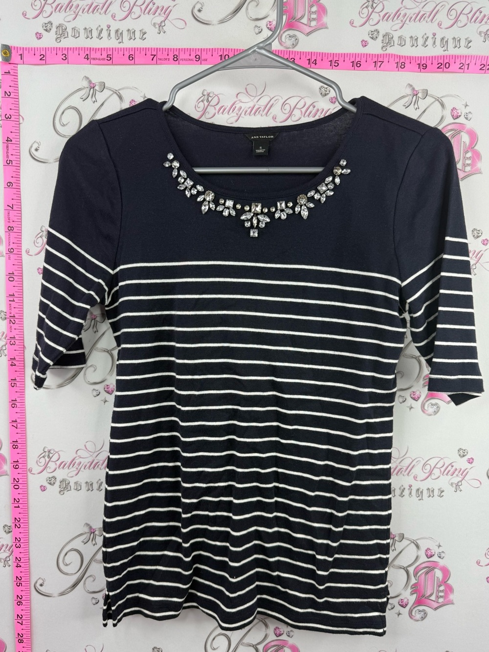 Ann Taylor Navy and White Striped Jeweled Neck Top